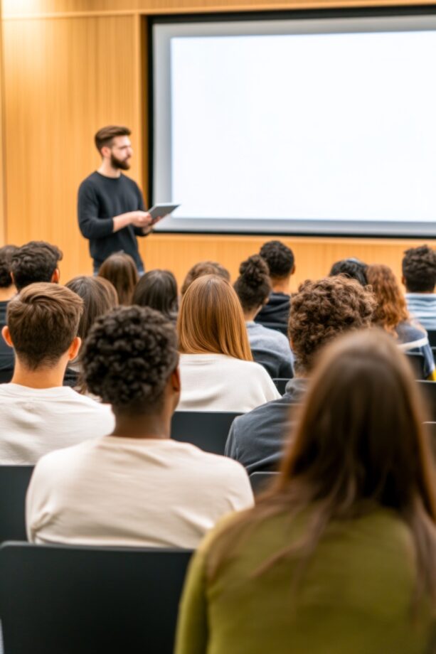 A group of college students representing diverse backgrounds is seated attentively in a modern classroom setting, focusing on a presentation being delivered by an instructor. The speaker stands at the front, holding a tablet