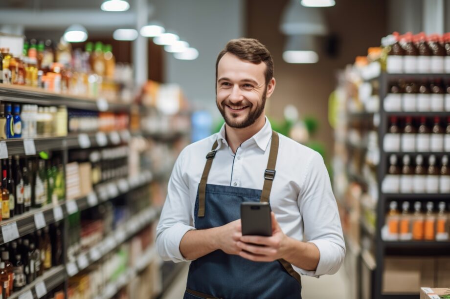 A supermarket employee. Portrait of handsome staff man salesman in apron standing using digital tablet and looking at camera in grocery store supermarket. small business owner. Generative AI