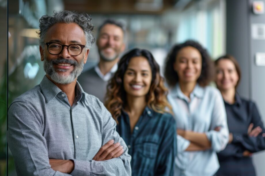 Diverse team of business professionals in a bustling office, standing confidently with arms crossed and smiling, exuding positivity and unity as they look at the camera